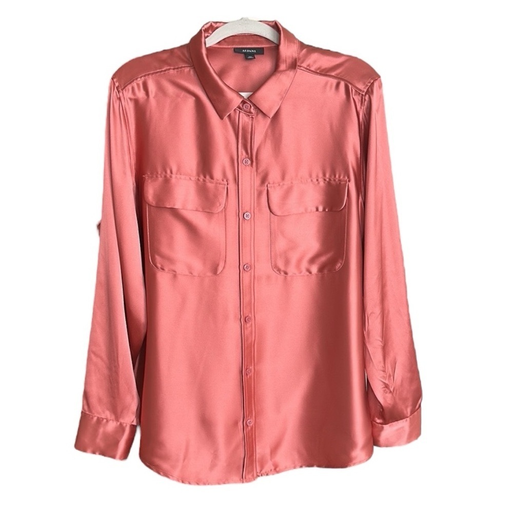 ALFANI Satin Utility Blouse XXL Dusty Rose Button Front Career Office Quiet Lux - Picture 2 of 14
